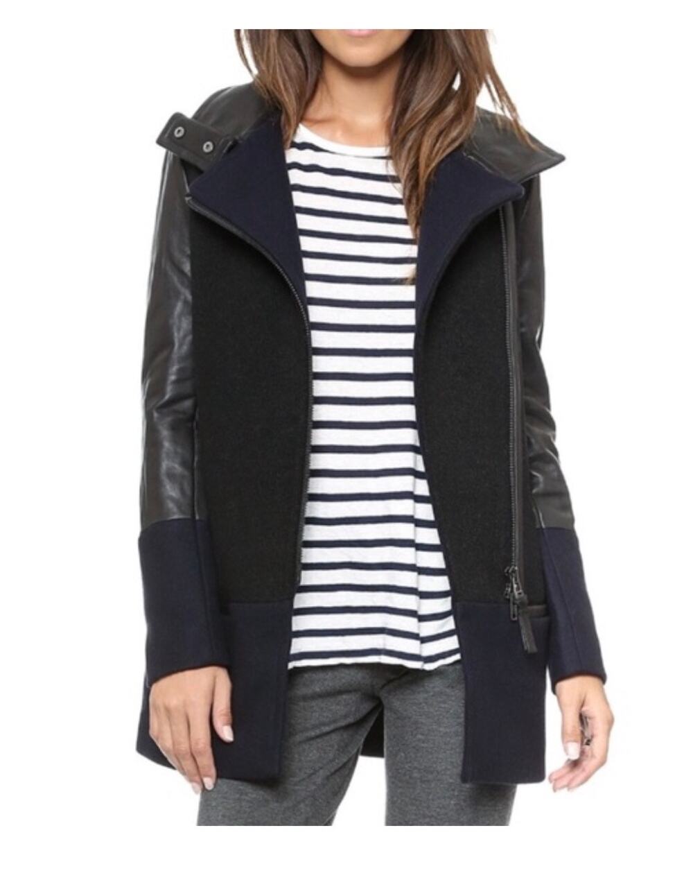 Mackage Leita Mixed Media wool cashmere Asymmetrical Zip Leather Down Jacket XS